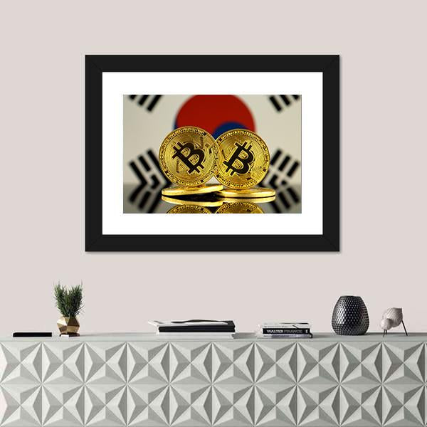 South Korea Flag With Bitcoin Canvas Wall Art-1 Piece-Framed Print-20" x 16"-Tiaracle