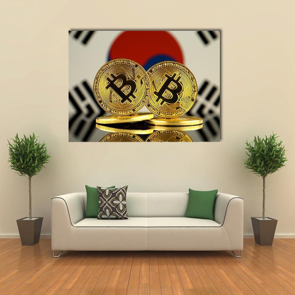 South Korea Flag with Gold Bitcoin Coins Canvas Wall Art in white, gold and red, single panel hung on a wall