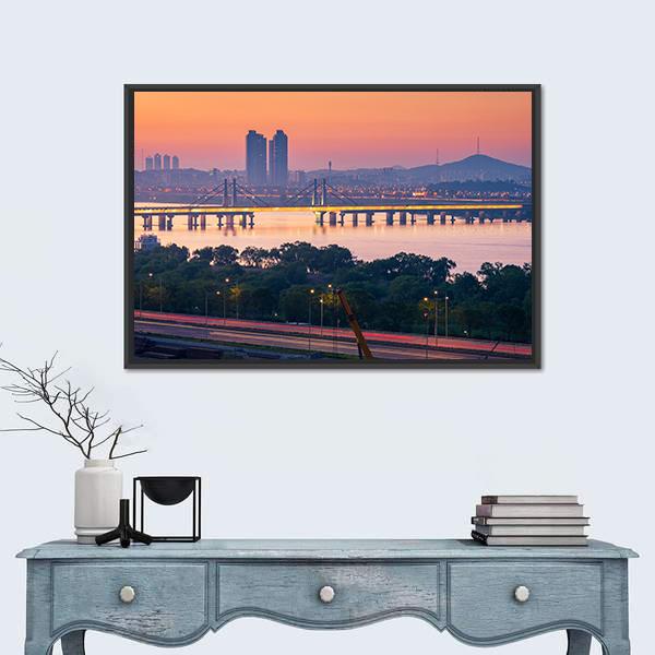 South Korea Seoul City Skyline Canvas Wall Art-1 Piece-Floating Frame-24" x 16"-Tiaracle