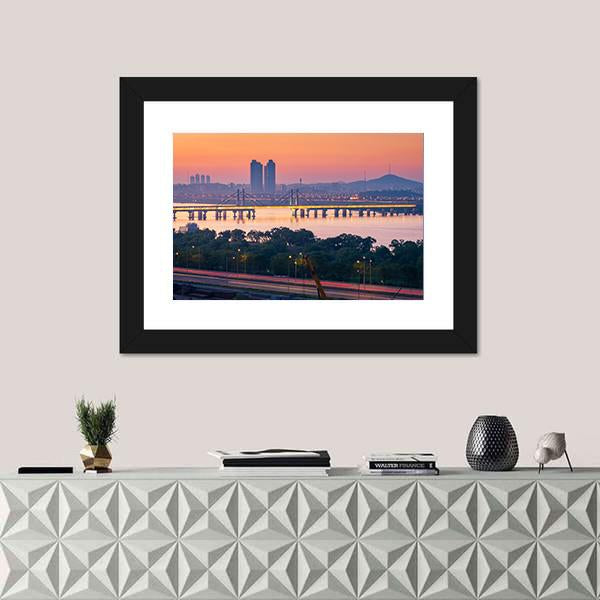 South Korea Seoul City Skyline Canvas Wall Art-1 Piece-Framed Print-20" x 16"-Tiaracle