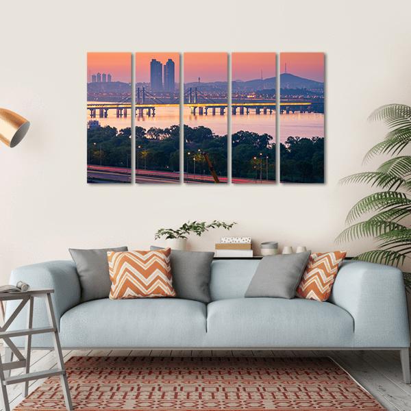 South Korea Seoul City Skyline Canvas Wall Art-5 Horizontal-Gallery Wrap-22" x 12"-Tiaracle