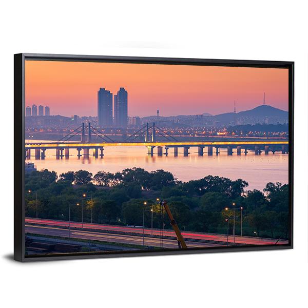 South Korea Seoul City Skyline Canvas Wall Art-3 Horizontal-Gallery Wrap-25" x 16"-Tiaracle
