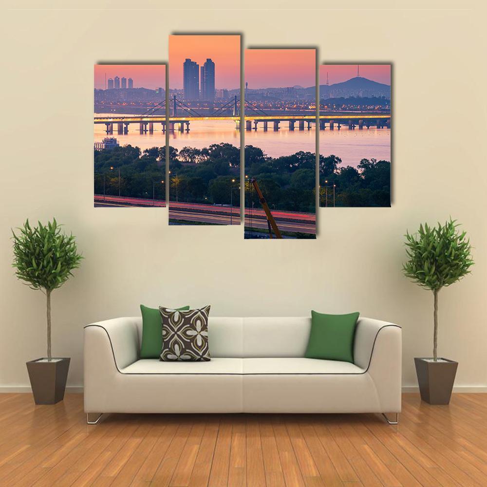 South Korea Seoul City Skyline Canvas Wall Art-4 Pop-Gallery Wrap-50" x 32"-Tiaracle