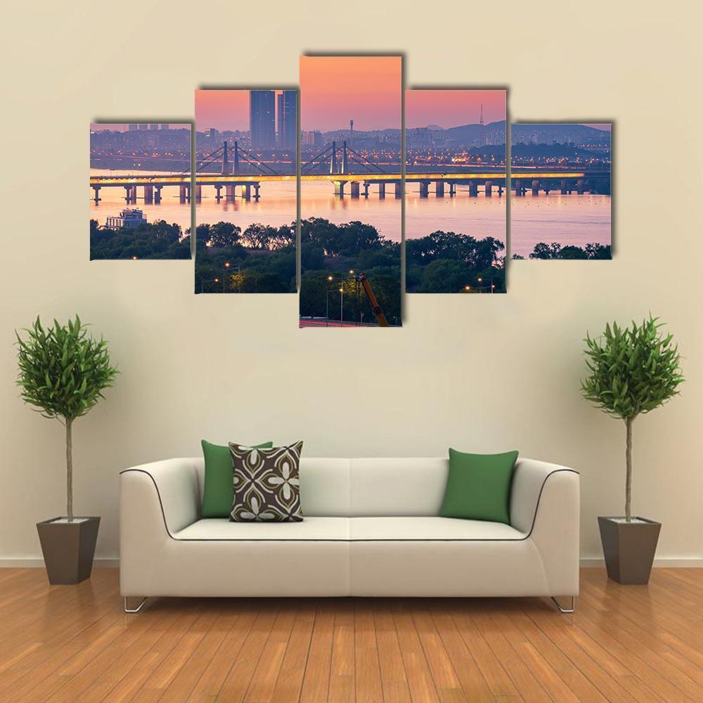 South Korea Seoul City Skyline Canvas Wall Art-5 Star-Gallery Wrap-62" x 32"-Tiaracle
