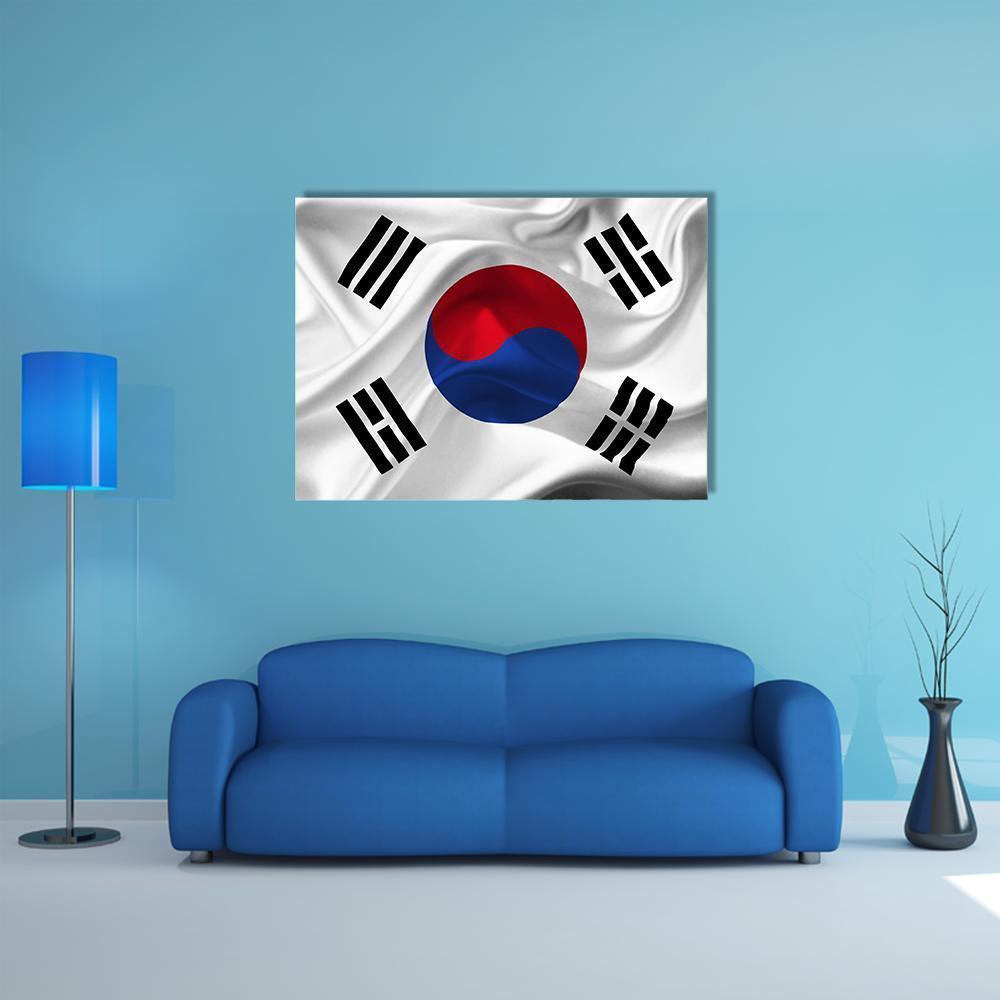 Waving South Korean Flag Canvas Wall Art in white, red and blue, single panel hung on a wall