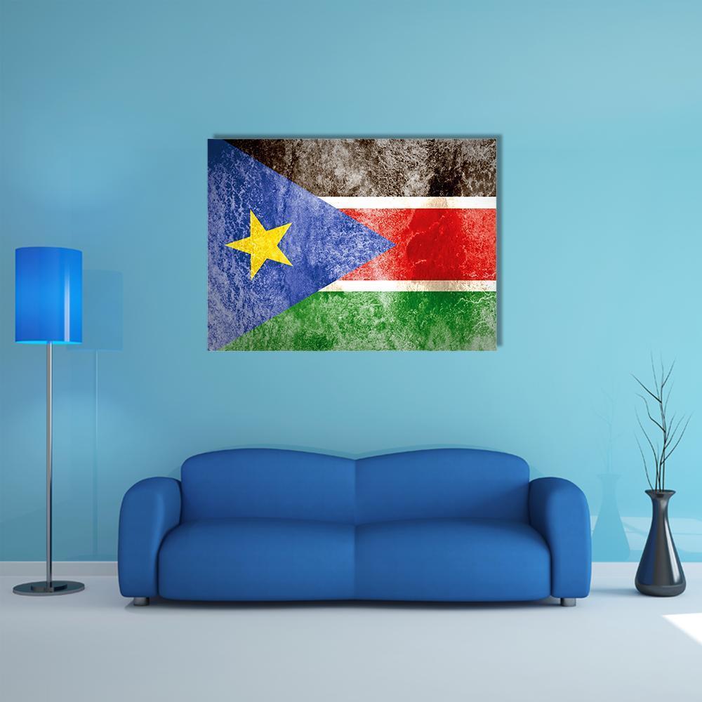 South Sudan Flag on Grunge Paper Canvas Wall Art in red, green and blue, single panel hung on a wall