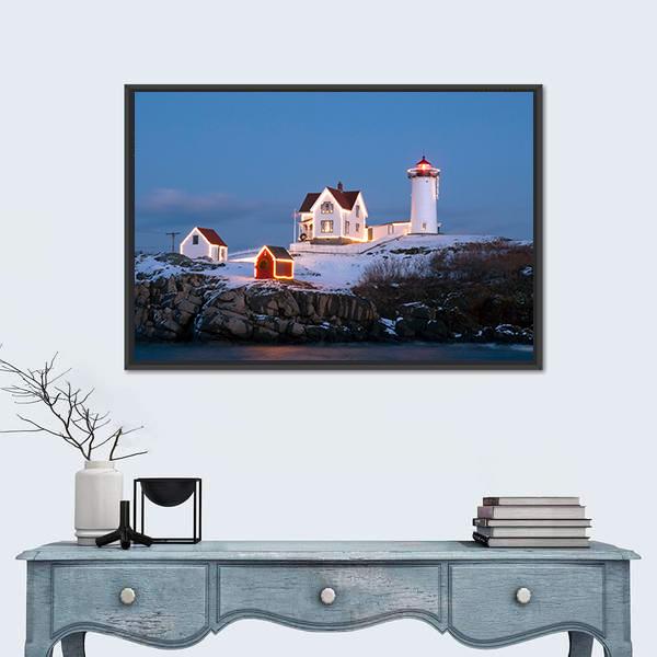 Southern Maine's Nubble Lighthouse Lit At Dusk Canvas Wall Art-1 Piece-Floating Frame-24" x 16"-Tiaracle