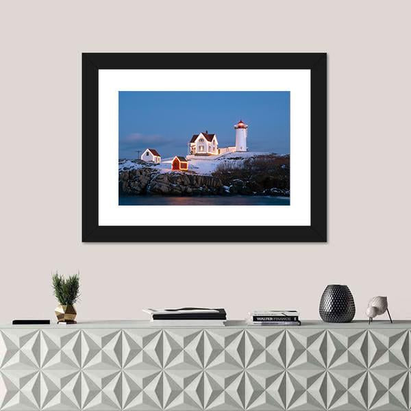 Southern Maine's Nubble Lighthouse Lit At Dusk Canvas Wall Art-1 Piece-Framed Print-20" x 16"-Tiaracle