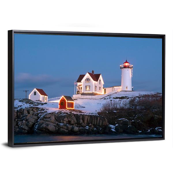 Southern Maine's Nubble Lighthouse Lit At Dusk Canvas Wall Art-3 Horizontal-Gallery Wrap-25" x 16"-Tiaracle