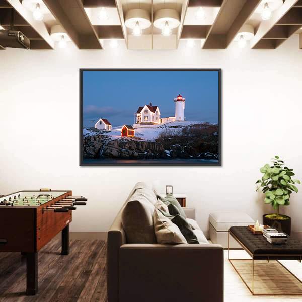 Southern Maine's Nubble Lighthouse Lit At Dusk Canvas Wall Art-3 Horizontal-Gallery Wrap-25" x 16"-Tiaracle