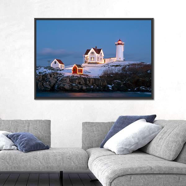 Southern Maine's Nubble Lighthouse Lit At Dusk Canvas Wall Art-3 Horizontal-Gallery Wrap-25" x 16"-Tiaracle