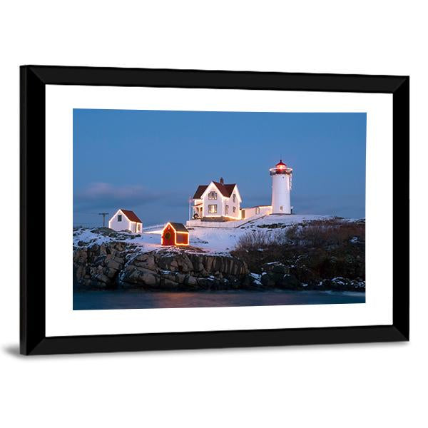 Southern Maine's Nubble Lighthouse Lit At Dusk Canvas Wall Art-3 Horizontal-Gallery Wrap-25" x 16"-Tiaracle