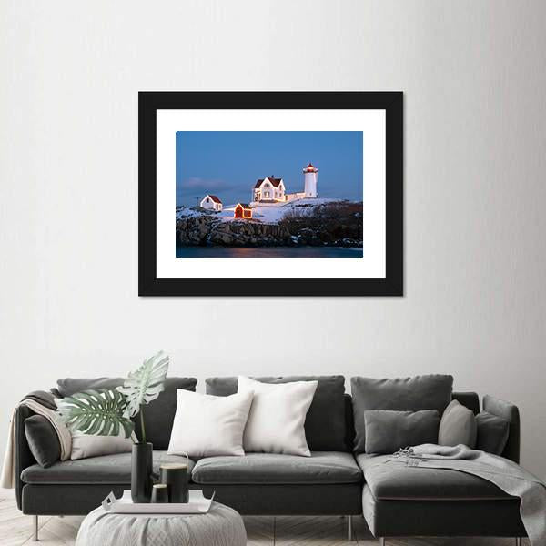 Southern Maine's Nubble Lighthouse Lit At Dusk Canvas Wall Art-3 Horizontal-Gallery Wrap-25" x 16"-Tiaracle