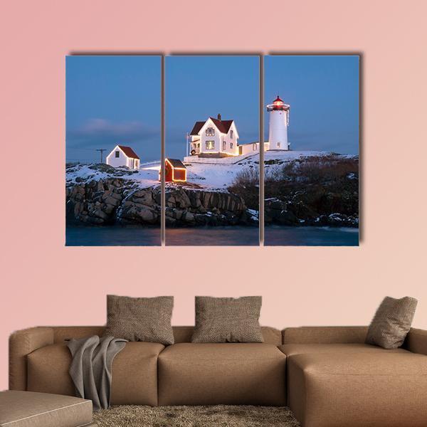 Southern Maine's Nubble Lighthouse Lit At Dusk Canvas Wall Art-3 Horizontal-Gallery Wrap-37" x 24"-Tiaracle