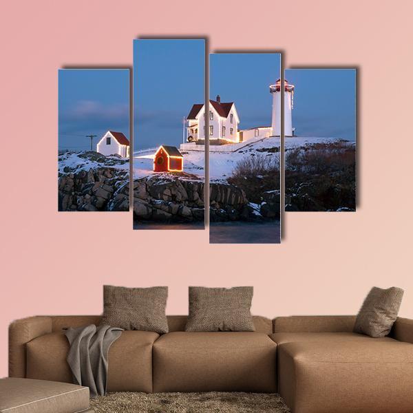 Southern Maine's Nubble Lighthouse Lit At Dusk Canvas Wall Art-4 Pop-Gallery Wrap-50" x 32"-Tiaracle