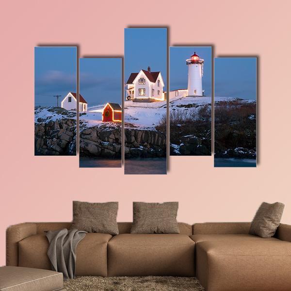 Southern Maine's Nubble Lighthouse Lit At Dusk Canvas Wall Art-5 Pop-Gallery Wrap-47" x 32"-Tiaracle