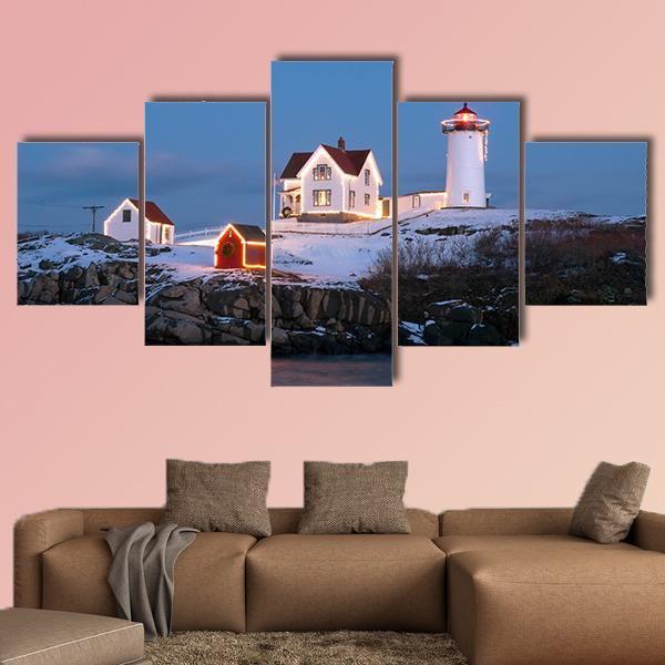 Southern Maine's Nubble Lighthouse Lit At Dusk Canvas Wall Art-5 Star-Gallery Wrap-62" x 32"-Tiaracle