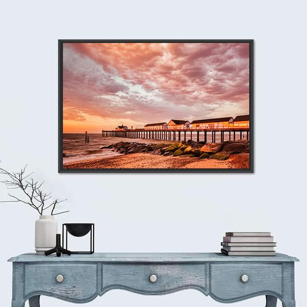 Southwold Pier With Orange Sky Canvas Wall Art-1 Piece-Floating Frame-24" x 16"-Tiaracle
