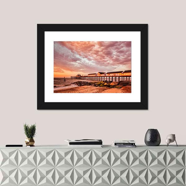 Southwold Pier With Orange Sky Canvas Wall Art-1 Piece-Framed Print-20" x 16"-Tiaracle