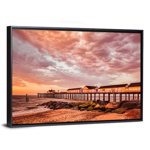 Southwold Pier With Orange Sky Canvas Wall Art-3 Horizontal-Gallery Wrap-25" x 16"-Tiaracle