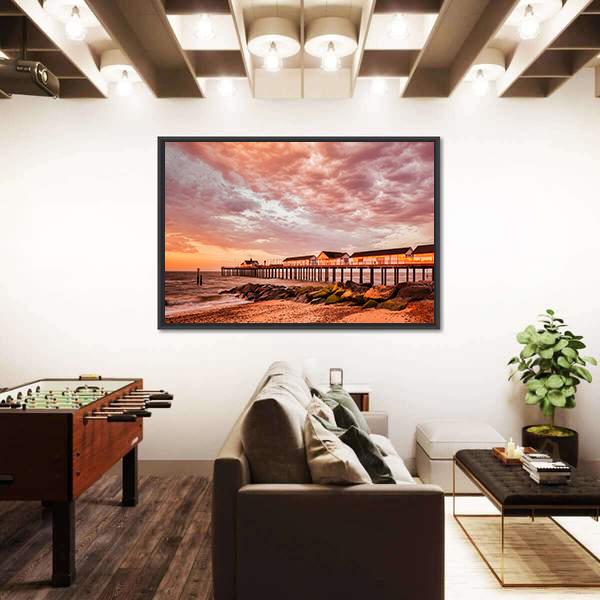 Southwold Pier With Orange Sky Canvas Wall Art-3 Horizontal-Gallery Wrap-25" x 16"-Tiaracle