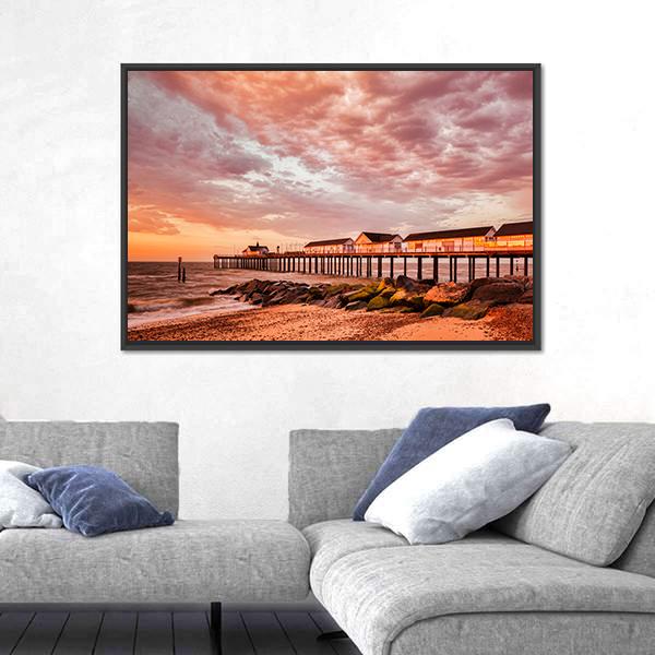 Southwold Pier With Orange Sky Canvas Wall Art-3 Horizontal-Gallery Wrap-25" x 16"-Tiaracle