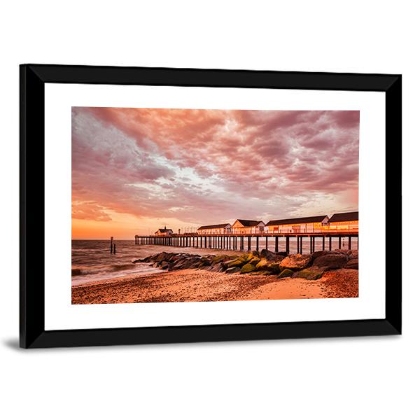 Southwold Pier With Orange Sky Canvas Wall Art-3 Horizontal-Gallery Wrap-25" x 16"-Tiaracle