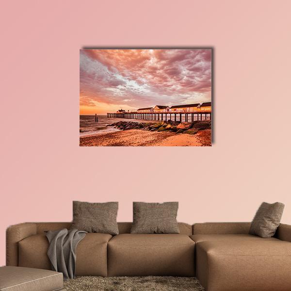 Southwold Pier With Orange Sky Canvas Wall Art-1 Piece-Gallery Wrap-48" x 32"-Tiaracle