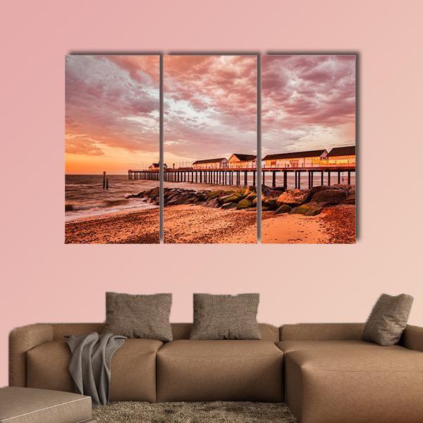 Southwold Pier With Orange Sky Canvas Wall Art-3 Horizontal-Gallery Wrap-25" x 16"-Tiaracle