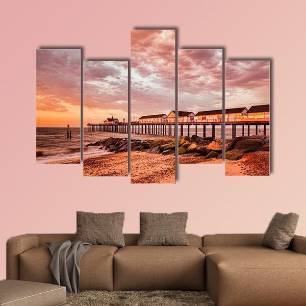 Southwold Pier With Orange Sky Canvas Wall Art-5 Pop-Gallery Wrap-47" x 32"-Tiaracle