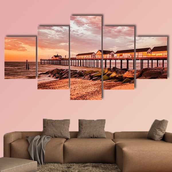 Southwold Pier With Orange Sky Canvas Wall Art-5 Star-Gallery Wrap-62" x 32"-Tiaracle