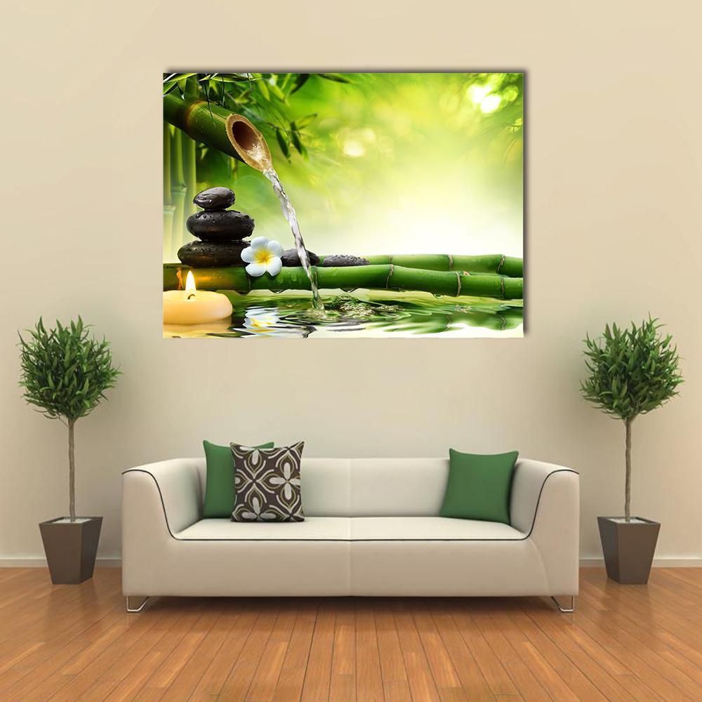 Spa Stones In Garden With Flow Water Canvas Wall Art-1 Piece-Gallery Wrap-48" x 32"-Tiaracle