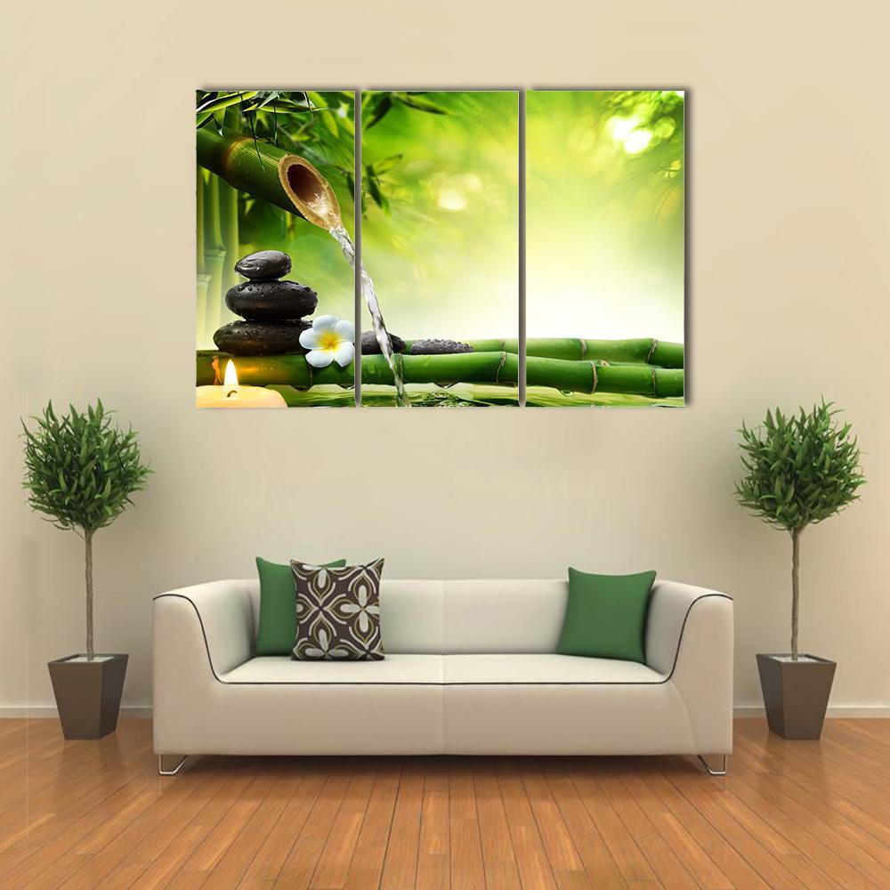 Spa Stones In Garden With Flow Water Canvas Wall Art-3 Horizontal-Gallery Wrap-37" x 24"-Tiaracle