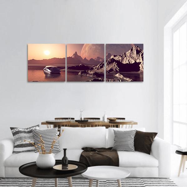 Space Craft Over Planet Panoramic Canvas Wall Art-3 Piece-25" x 08"-Tiaracle