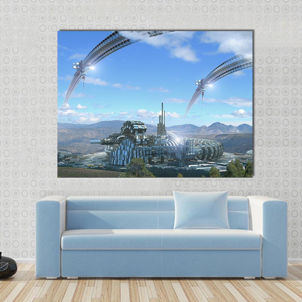 Space Elevators and Wheels Canvas Wall Art in gray, silver and blue, single panel hung on a wall