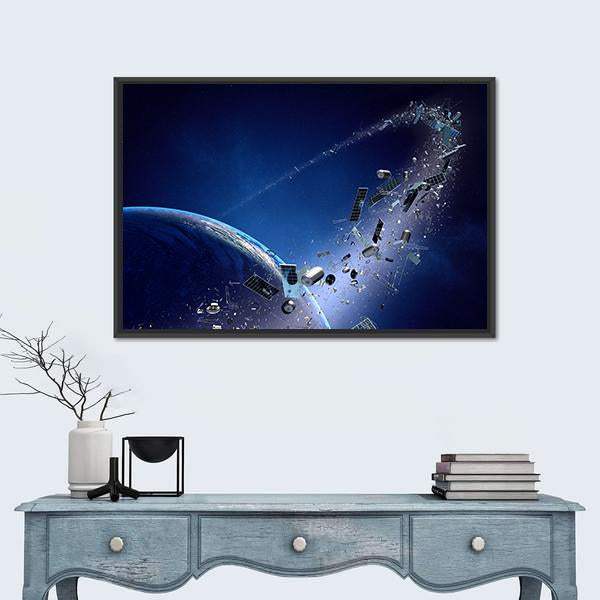Space Junk Orbiting Around Earth Canvas Wall Art-1 Piece-Floating Frame-24" x 16"-Tiaracle