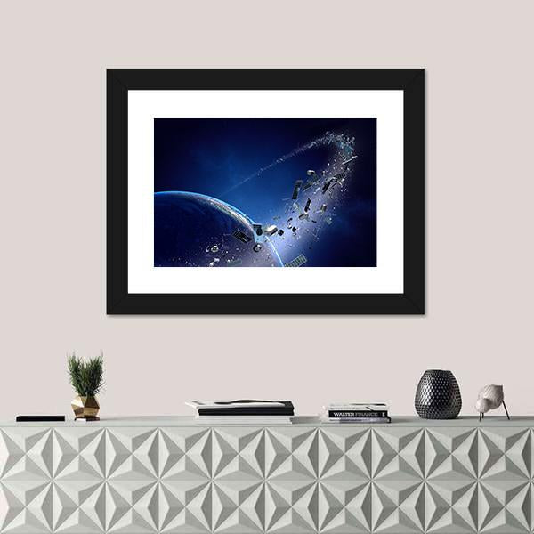 Space Junk Orbiting Around Earth Canvas Wall Art-1 Piece-Framed Print-20" x 16"-Tiaracle