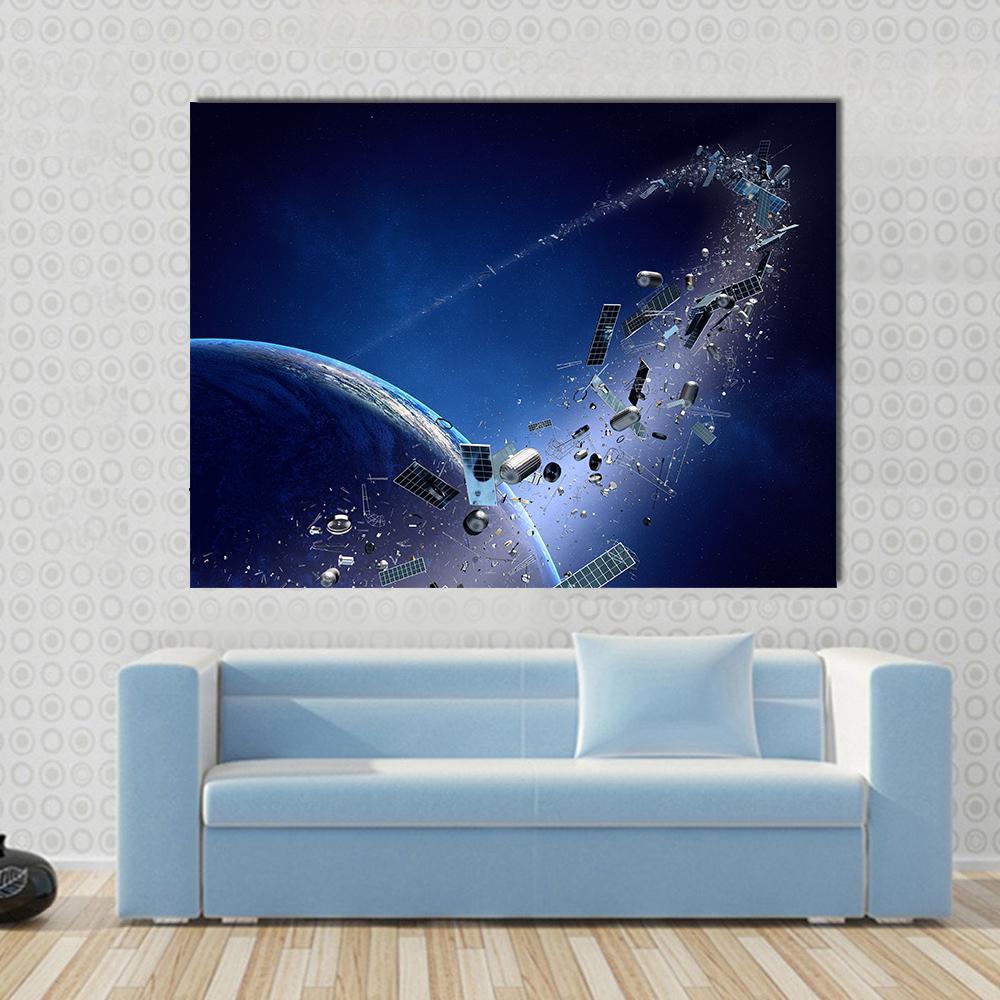 Space Junk Orbiting Around Earth Canvas Wall Art-1 Piece-Gallery Wrap-48" x 32"-Tiaracle