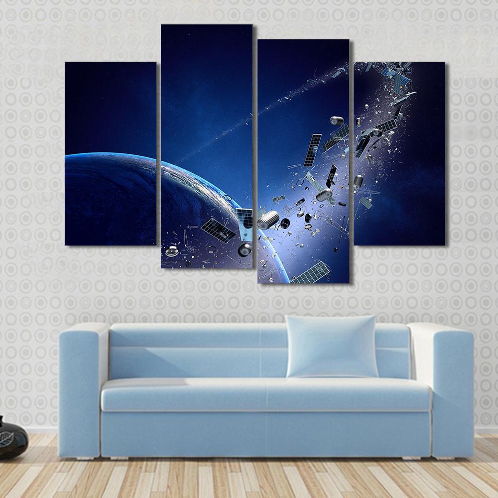 Space Junk Orbiting Around Earth Canvas Wall Art-4 Pop-Gallery Wrap-50" x 32"-Tiaracle