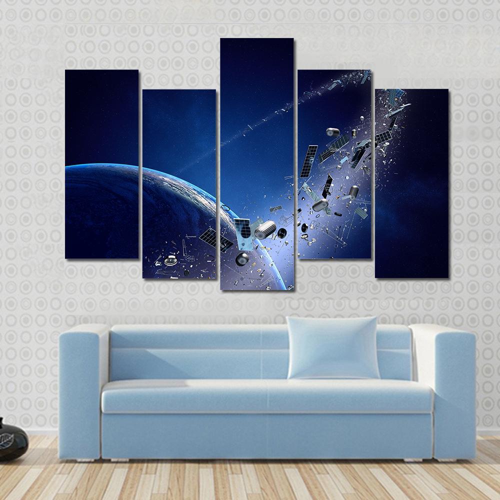 Space Junk Orbiting Around Earth Canvas Wall Art-5 Pop-Gallery Wrap-47" x 32"-Tiaracle