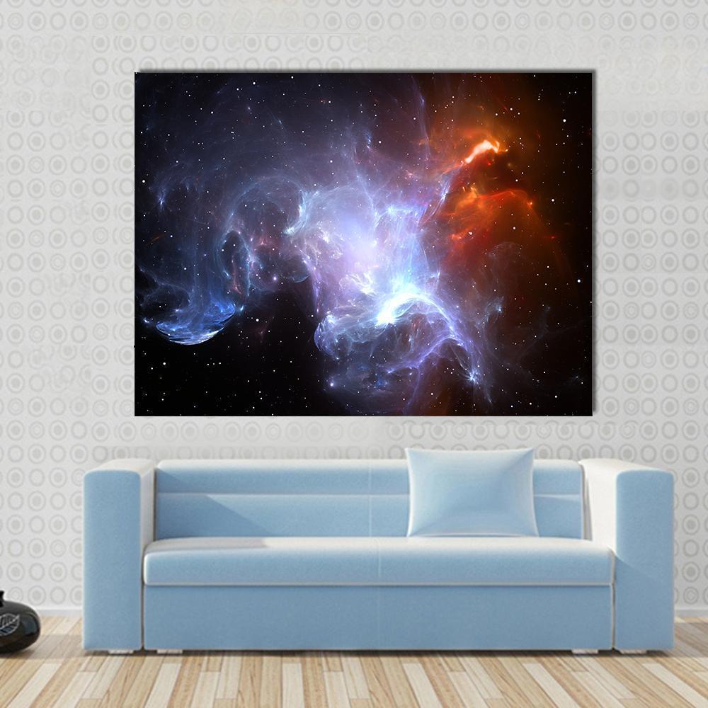 Space Nebula Canvas Wall Art in orange, blue and purple, single panel hung on a wall