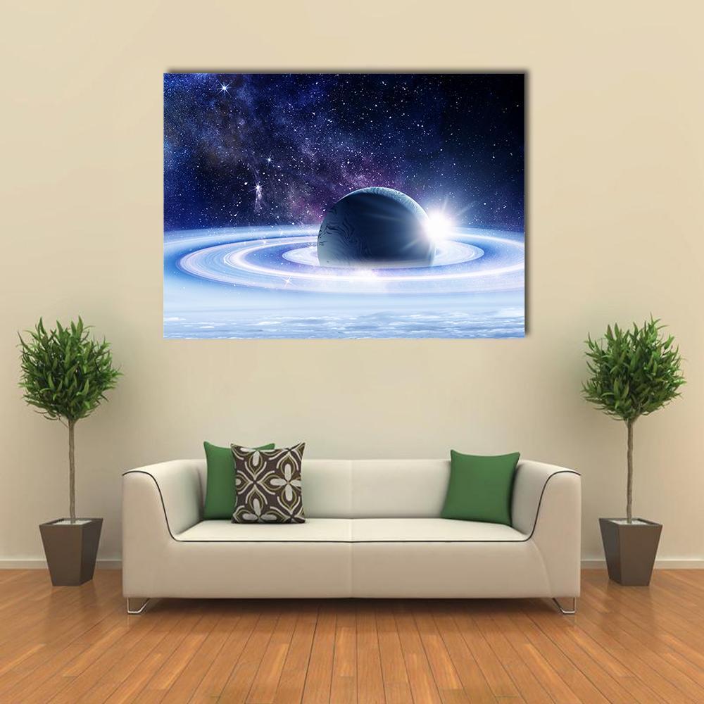 Ringed Dark Planet Over Nebula Canvas Wall Art in black, blue and purple, single panel hung on a wall