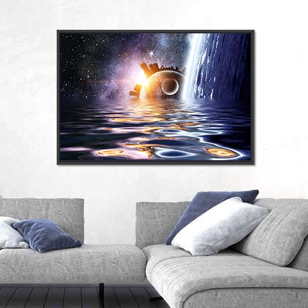 Space Planets And Sea Waters Panoramic Canvas Wall Art-1 Piece-36" x 12"-Tiaracle