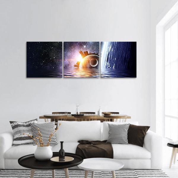 Space Planets And Sea Waters Panoramic Canvas Wall Art-3 Piece-25" x 08"-Tiaracle