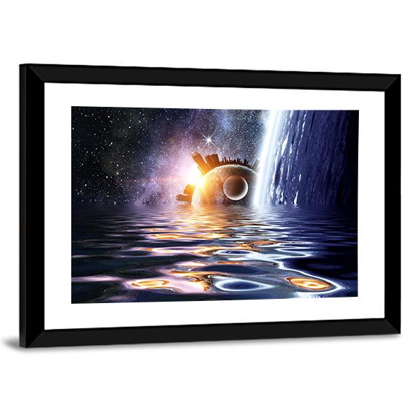 Space Planets And Sea Waters Panoramic Canvas Wall Art-1 Piece-36" x 12"-Tiaracle