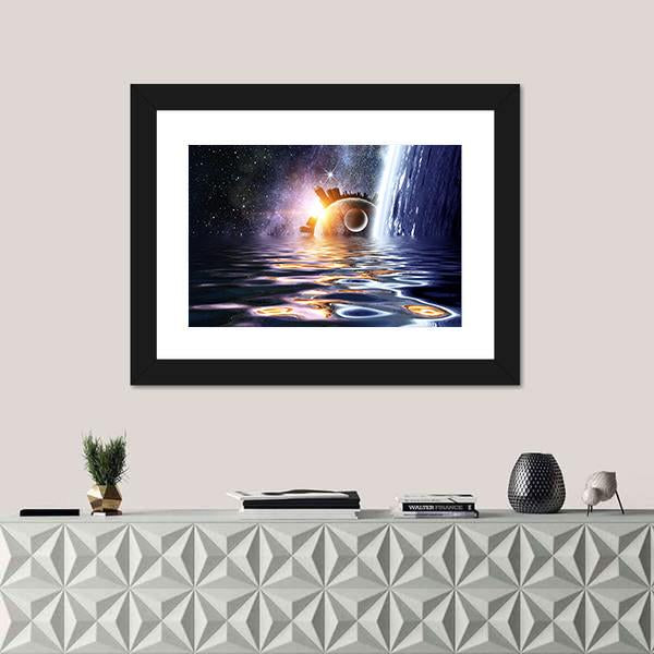 Space Planets And Sea Waters Panoramic Canvas Wall Art-1 Piece-36" x 12"-Tiaracle