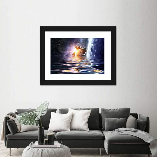 Space Planets And Sea Waters Panoramic Canvas Wall Art-1 Piece-36" x 12"-Tiaracle