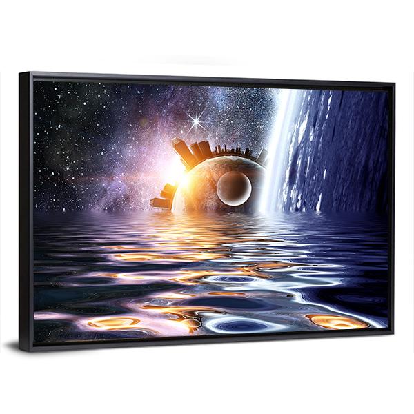 Space Planets And Sea Waters Panoramic Canvas Wall Art-1 Piece-36" x 12"-Tiaracle