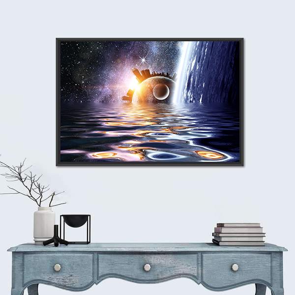 Space Planets And Sea Waters Panoramic Canvas Wall Art-1 Piece-36" x 12"-Tiaracle