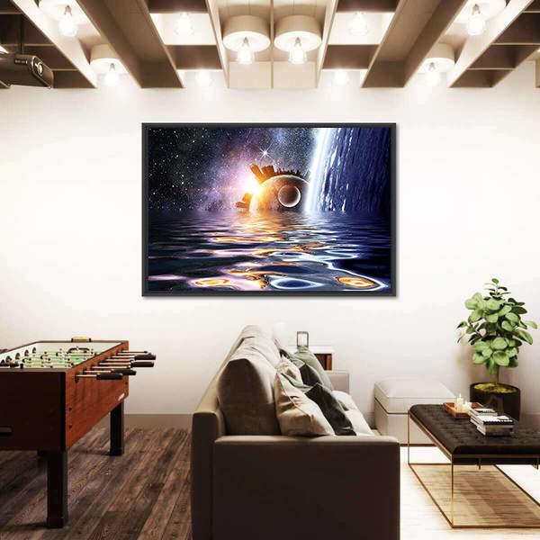 Space Planets And Sea Waters Panoramic Canvas Wall Art-1 Piece-36" x 12"-Tiaracle